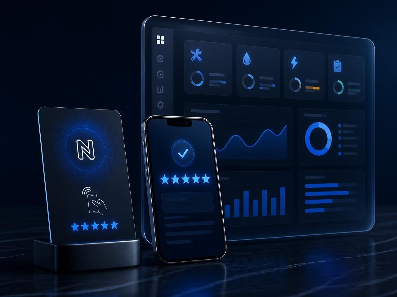 Review tap card and stand beside a smartphone and a maintenance dashboard concept
