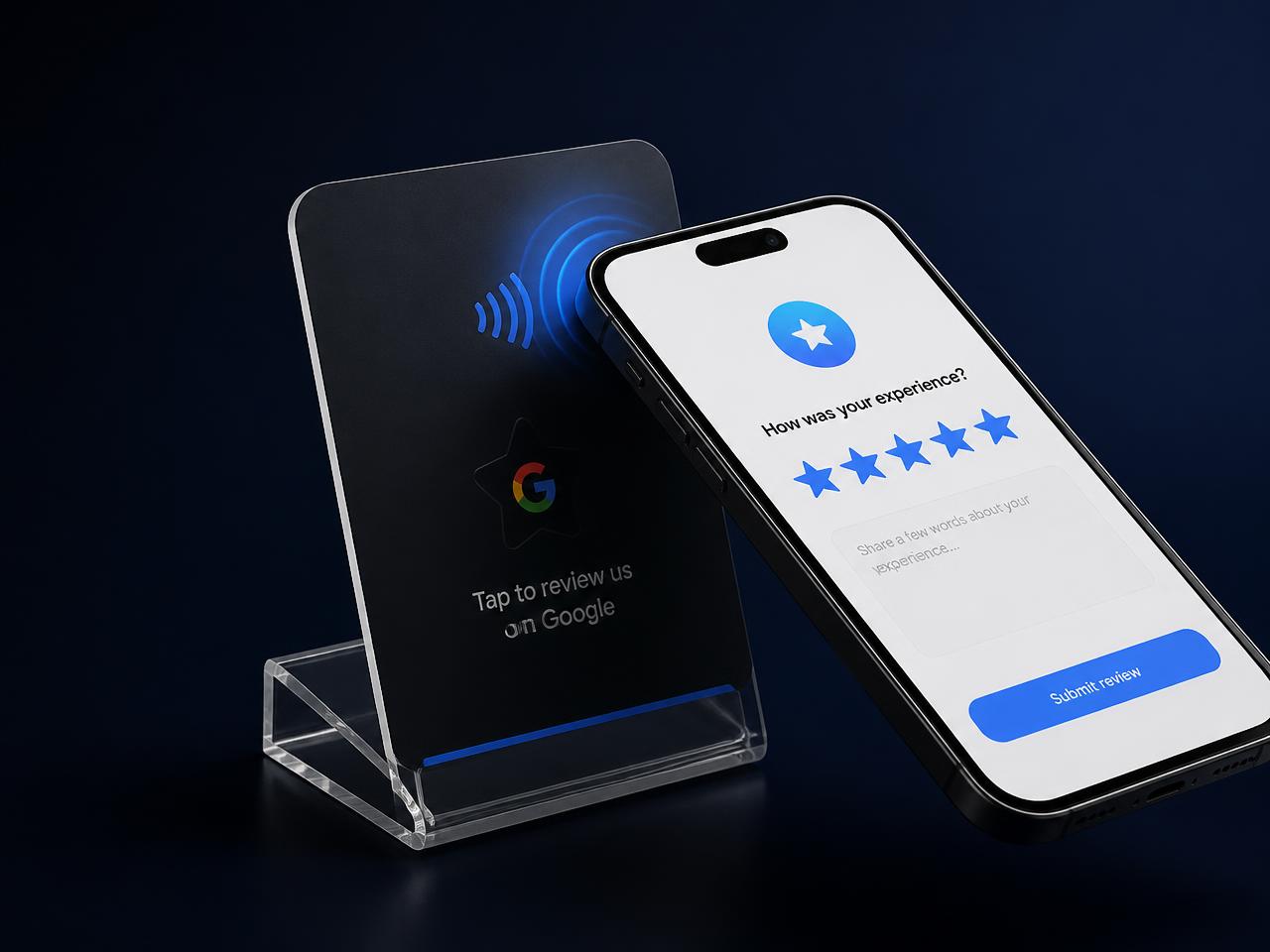 NFC Google review tap card in a countertop stand with a smartphone tapping it